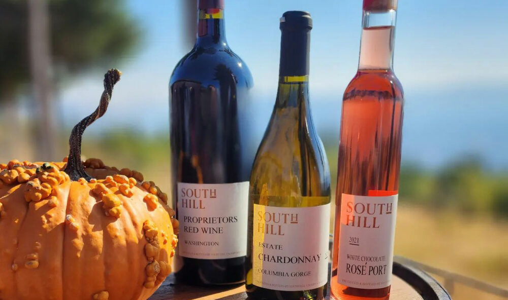 Three bottles of South Hill wines; Rosé, Chardonnay and Proprietors Red
