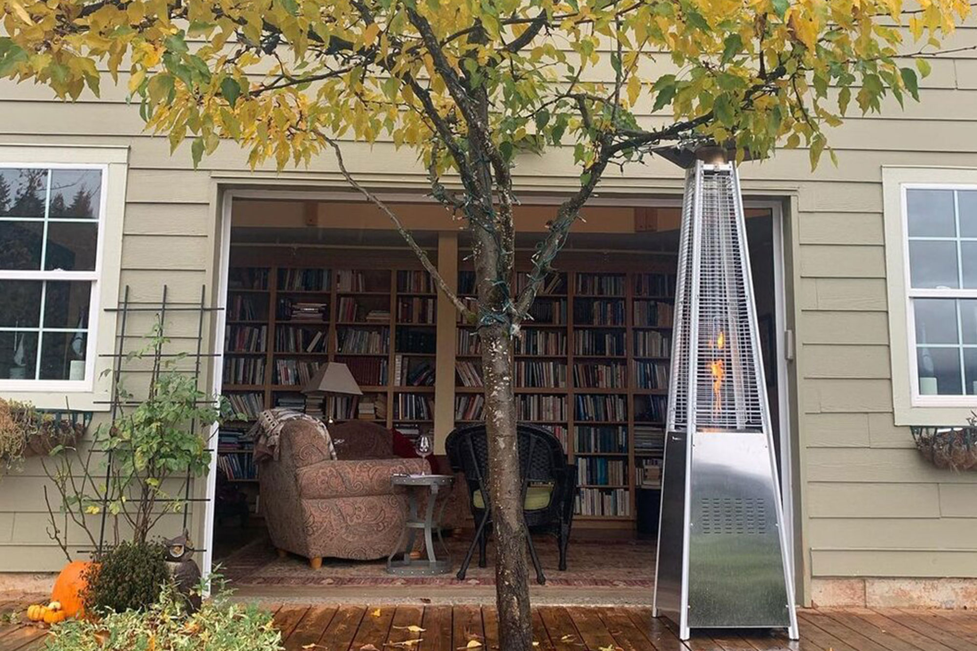 Open french doors looking into a library